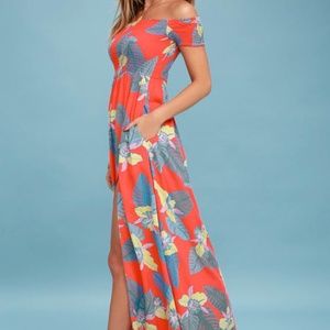 Lulus Patsy Coral Red Floral Print Off-the-Shoulder Dress
